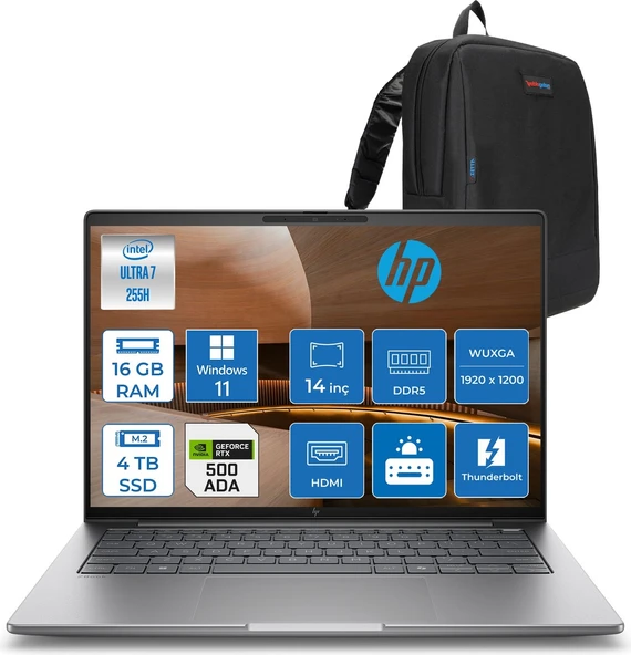 Hp Zbook 8 G1I Ultra 7 255H 16GB Ddr5 4tb SSD 4GB/RTXA500 14" Wuxga IPS 400NITS 100% Srgb Windows 11 Pro Taşınabilir Iş Istasyonu A3ZW7ETP04 + Zettaçanta ürün görseli 1