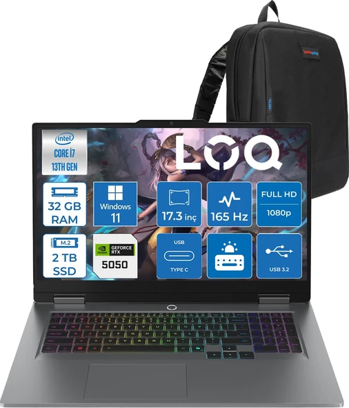 Lenovo Loq 17IRX10 Intel Core I7 13650HX 32GB Ddr5 2tb SSD RTX5050 8gb 115W Windows 11 Home 17.3 Inç Fhd (1920X1080) IPS 300NITS 165HZ 100% Srgb Taşınabilir Bilgisayar W83JH006CTRH15 + Zetta Çanta ürün görseli 1