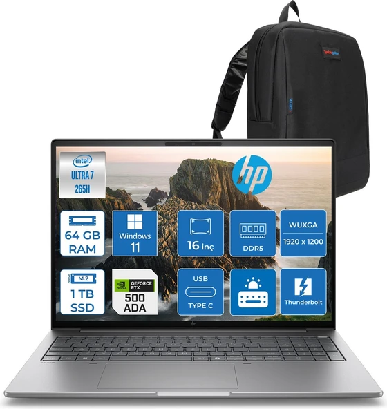 Hp Zbook 8 G1I Ultra 7 265H 64GB Ddr5 1tb SSD 4GB/RTXA500 16" Wuxga Düşük Mavi Işık 400NIT %100 Srgb Windows 11 Pro Taşınabilir Iş Istasyonu B30HHESP22 + Zettaçanta ürün görseli 1