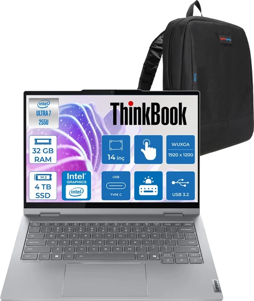 Lenovo Thinkbook 14 2-In-1 G5 Iau Intel Core Ultra 7 255U 32GB Ddr5 4tb SSD Freedos Dokunmatik 14 Inç Wuxga (1920 x 1200) IPS 300NITS NP21SQ002TTXF19 + Zetta Çanta ürün görseli 1