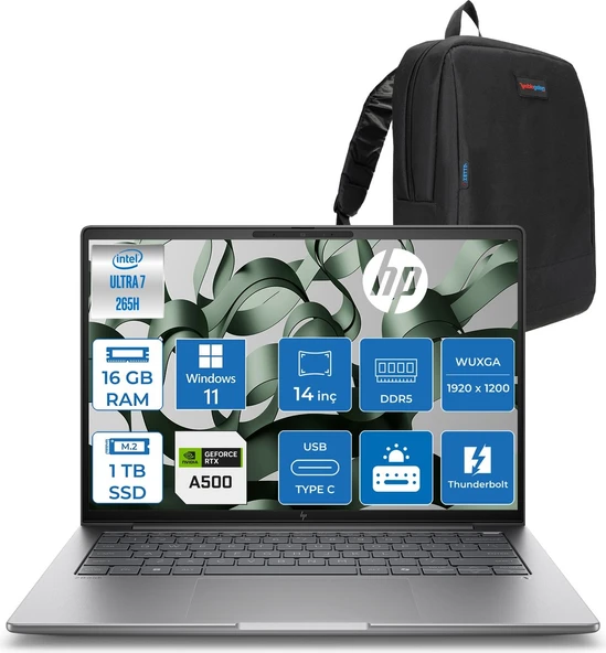 Hp Zbook 8 G1I  Intel Core Ultra 7 265H 16GB Ddr5 1tb SSD 4GB/RTXA500 14" Wuxga Düşük Mavi Işık 300NIT %100 Srgb Windows 11 Pro Taşınabilir Iş Istasyonu B30HCESP02 + Zettaçanta ürün görseli 1
