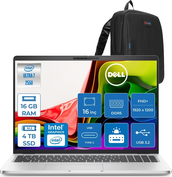 Dell Pro 16 Intel Core Ultra 7 255U 5.2ghz 16GB Ddr5 4tb SSD Freedos Intel® Aı Boost 16 Inç IPS Fullhd+ (1920X1200) Taşınabilir Bilgisayar PC16250BTO107F05 + Zetta Çanta ürün görseli 1