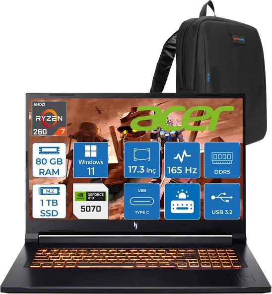 Acer Nitro V17 ANV17 Aı Amd Ryzen™ 7 260 80GB Ddr5 1tb SSD 8GB/RTX5070 85W 17.3"wqxga 2560X1440 165Hz IPS WIN11PRO Gaming Bilgisayar. NHQZKEY001P23+ZETTAÇANTA ürün görseli 1