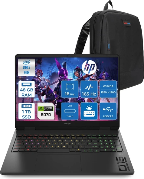 Hp Omen 16 Intel Core 7 240H 48GB Ddr5 1tb SSD 8GB/RTX5070 16" Wuxga IPS 400NITS 165Hz Windows 11 Pro Oyun Bilgisayarı BHPQ1Y7EAP18 + Zettaçanta ürün görseli 1