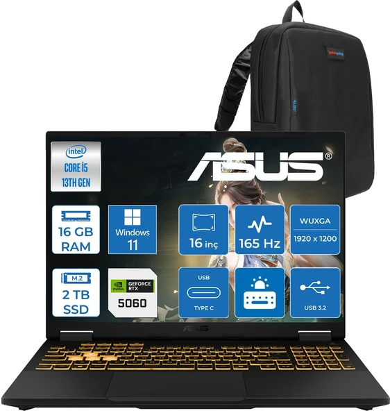 Asus Tuf Gaming F16 FX608JM Intel® Core™ I5 13450HX 16GB Ddr5 2tb SSD RTX5060/8GB 115W 16 Inç 165Hz Fhd+ 16:10 (1920 x 1200, Wuxga)  WIN11HOME Taşınabilir Bilgisayar RV073H04+ZETTAÇANTA ürün görseli 1