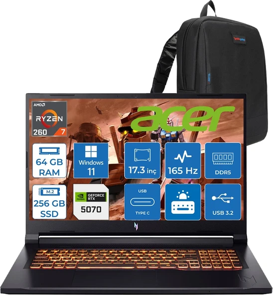 Acer Nitro V17 ANV17 Aı Amd Ryzen™ 7 260 64GB Ddr5 256GB SSD 8GB/RTX5070 85W 17.3"wqxga 2560X1440 165Hz IPS WIN11HOME Gaming Bilgisayar. NHQZKEY001H16+ZETTAÇANTA ürün görseli 1