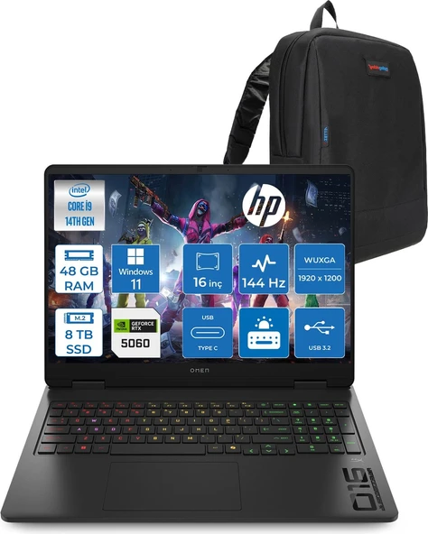 Hp Omen 16-AM0033NT Intel Core I9 14900HX 48GB Ddr5 8tb SSD RTX5060 8gb Gddr7 Windows 11 Home 16 Inç Wuxga (1920X1200) 144Hz 300NITS IPS Taşınabilir Bilgisayar WC39J7EAH30 + Zetta Çanta ürün görseli 1