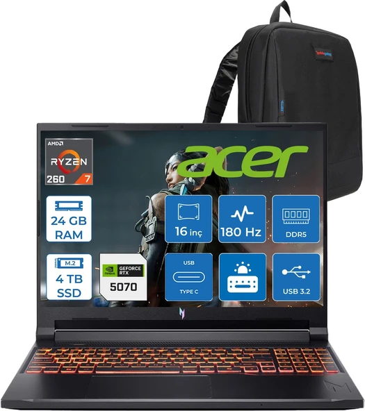 Acer Nitro V 16S Aı Amd Ryzen™ 7 260 24GB Ddr5 4tb SSD 8GB/RTX5070 95W 16"qhd+ 2560X1600 180Hz IPS Freedos Gaming Bilgisayar. NHQYYEY001F05+ZETTAÇANTA ürün görseli 1
