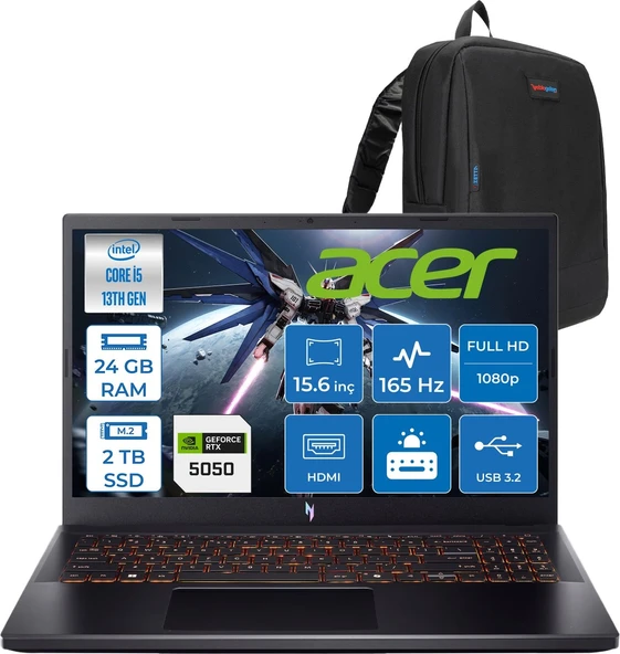 Acer Nitro V 15 ANV15 Intel®core™ I5 13420H 24GB 2tb SSD RTX5050/8GB 75W 15.6 Inç 165Hz Fhd 1920X1080 IPS  Freedos Gaming Bilgisayar NHQZ7EY003F09+ZETTAÇANTA ürün görseli 1