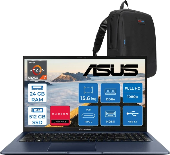 Asus Vivobook 15 Amd Ryzen 7 5825U 24GB 512GB SSD Amd Radeon Graphics 15.6" Fhd 250NIT LED Windows 11 Pro Taşınabilir Bilgisayar M1502YATP05 + Zettaçanta ürün görseli 1