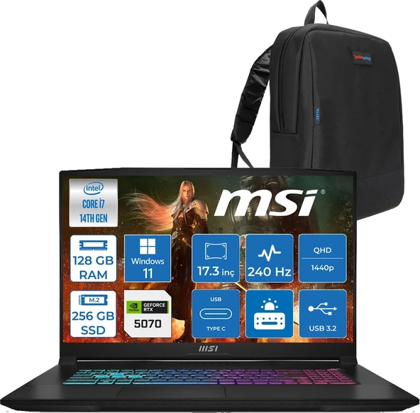 MSI Msı Katana 17 Hx B14WGK Intel Core I7-14650HX 128GB Ddr5 256GB SSD RTX5070/8GB 115W 17.3 Inç 2k Qhd 240Hz WIN11HOME Gaming Bilgisayar 046XTRH36+ZETTAÇANTA ürün görseli 1