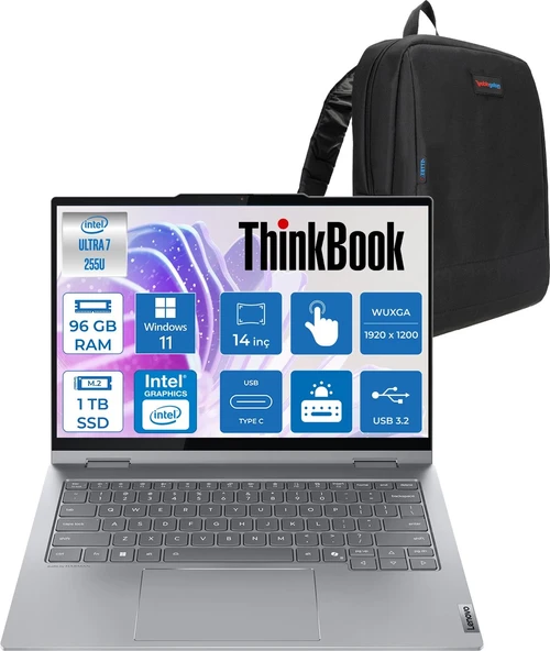 Lenovo Thinkbook 14 2-In-1 G5 Iau Intel Core Ultra 7 255U 96GB Ddr5 1tb SSD Windows 11 Home Dokunmatik 14 Inç Wuxga (1920 x 1200) IPS 300NITS NP21SQ002TTXH52 + Zetta Çanta ürün görseli 1