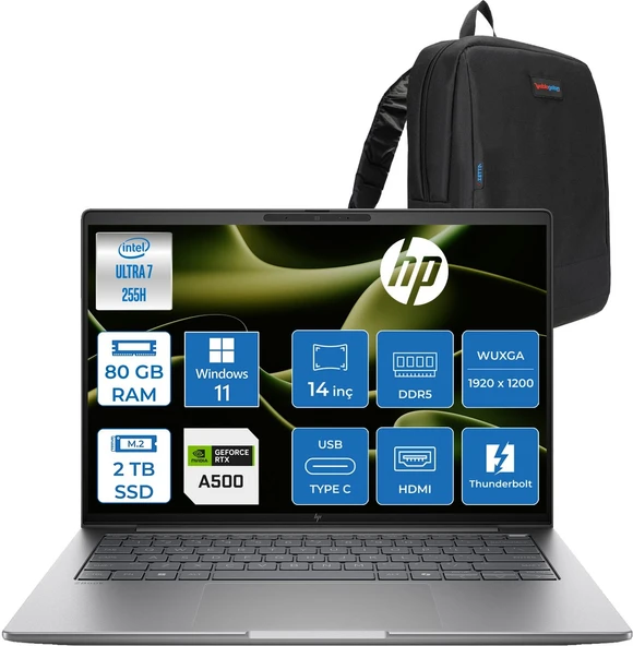 Hp Zbook 8 G1I Intel Core Ultra 7 255H 80GB Ddr5 2tb SSD 4GB/RTXA500 14" Wuxga Düşük Mavi Işık 300NIT %62,5 Srgb Windows 11 Pro Taşınabilir Iş Istasyonu B30HBESP23 + Zettaçanta ürün görseli 1