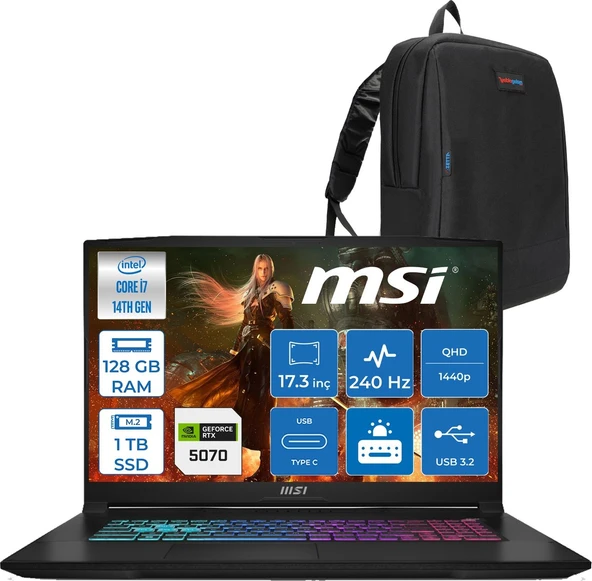 MSI Msı Katana 17 Hx B14WGK Intel Core I7-14650HX 128GB Ddr5 1tb SSD RTX5070/8GB 115W 17.3 Inç 2k Qhd 240Hz Freedos Gaming Bilgisayar 046XTRF38+ZETTAÇANTA ürün görseli 1