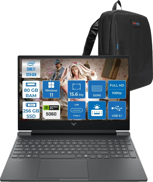 Hp Victus Gaming Intel® Core™ I7-13620H 80GB Ddr5 256GB SSD Rtx™ 5060/8GB Gddr7 15.6" Fhd (1920 x 1080), 144 Hz, IPS,300 Nits WIN11HOME Taşınabilir Bilgisayar C21SFEAH21+ZETTAÇANTA ürün görseli 1