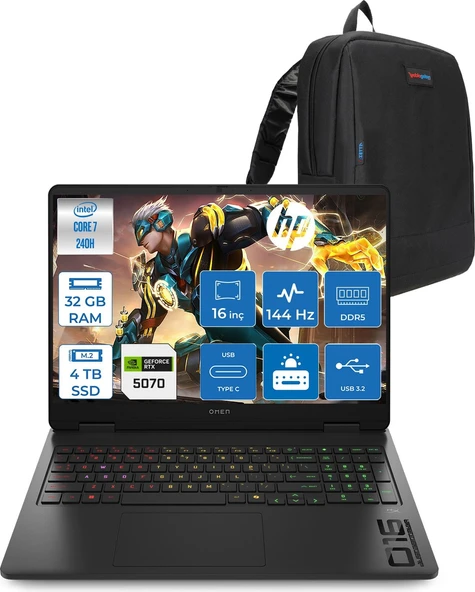 Hp Omen Gaming Intel® Core™ 7 240H Aı Ddr5 32GB 4tb SSD 8GB/RTX5070 16" 2k (1920 x 1200) 144 Hz 300 Nits IPS Freedos Gaming Laptop CD8M6EAF15+ZETTAÇANTA ürün görseli 1