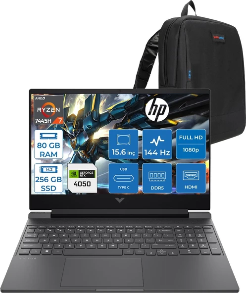 Hp Victus Gaming Amd Ryzen 7-7445HS 80GB Ddr5 256GB SSD Rtx RTX4050/6GB 15.6" Fhd (1920 x 1080), 144 Hz, Ips, 300 Nits Freedos Gaming Bilgisayar WBX9U9EAF26+ZETTAÇANTA ürün görseli 1