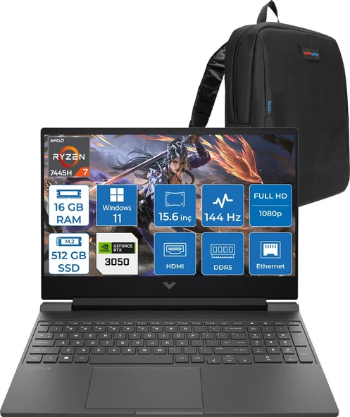 Hp Victus Gaming Amd Ryzen 7-7445HS 16GB Ddr5 512GB SSD Rtx 3050/4GB 15.6" Fhd (1920 x 1080), 144 Hz, Ips, 300 Nits WIN11PRO Gaming Bilgisayar WBX9V1EAF02+ZETTAÇANTA ürün görseli 1
