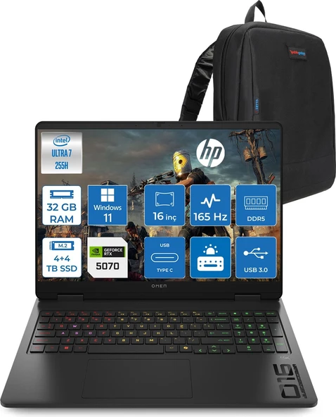 Hp Omen Gaming Intel® Core™ Ultra 7 255H Aı Ddr5 32GB 4tb Ssd+4tb SSD 8GB/RTX5070 16" 2k (1920 x 1200) 165 Hz, 3 Ms 400 Nits 100% Srgb WINDOWS11HOME Gaming Laptop CD8M2EAH16+ZETTAÇANTA ürün görseli 1