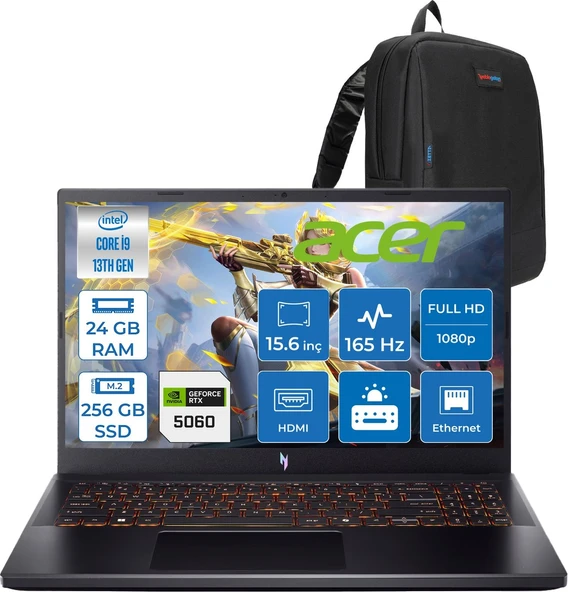 Acer Nitro V15 ANV15-52-91EQ Intel Core I9 13900H 24GB 256GB SSD RTX5060 8gb Freedos 15,6" Fullhd (1920 x 1080) 165HZ IPS 300NIT Taşınabilir Bilgisayar NHQZAEYF11 + Zetta Çanta ürün görseli 1