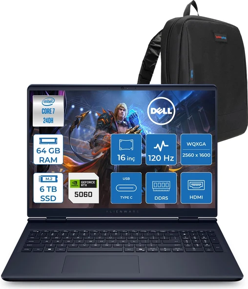 Dell Alienware 16 Aurora AC16250 Intel Core 7 240H 64GB Ddr5 6tb SSD Freedos 8gb RTX5060 16 Inç 2K(2560×1600) Wqxga 120Hz Wva Gaming Laptop AC16250C71615U56NF41 + Zetta Çanta ürün görseli 1