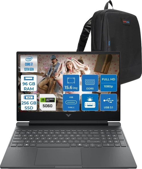Hp Victus Gaming Intel® Core™ I7-13620H 96GB Ddr5 256GB SSD Rtx™ 5060/8GB Gddr7 15.6" Fhd (1920 x 1080), 144 Hz, IPS,300 Nits Freedos Taşınabilir Bilgisayar C21SFEAF26+ZETTAÇANTA ürün görseli 1