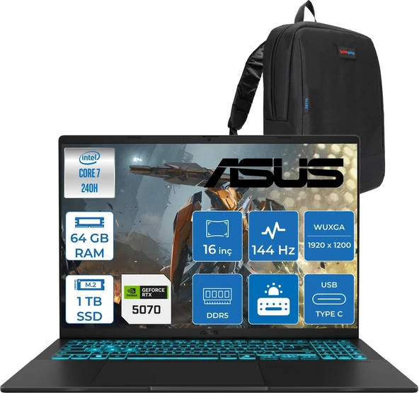 Asus Vivobook V16 2.nesil Core 7 240H Aı 64GB Ddr5 1tb SSD RTX5070/8GB 16.0-Inch, Wuxga (1920 x 1200) 300NITS 144Hz  Freedos Gaming Bilgisayar WV3607VPF23+ZETTAÇANTA ürün görseli 1