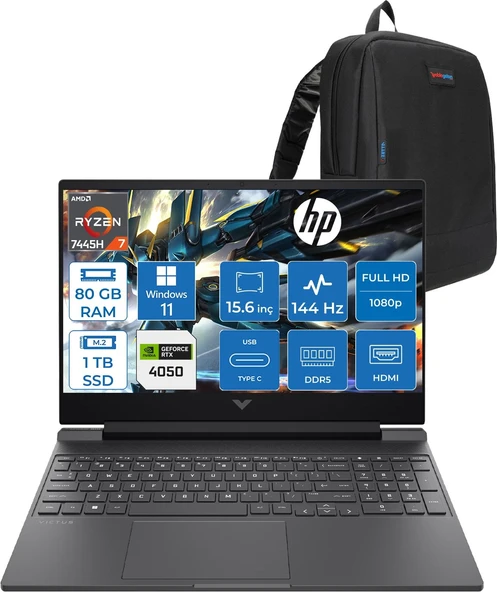 Hp Victus Gaming Amd Ryzen 7-7445HS 80GB Ddr5 1tb SSD Rtx RTX4050/6GB 15.6" Fhd (1920 x 1080), 144 Hz, Ips, 300 Nits WIN11HOME Gaming Bilgisayar WBX9U9EAF28+ZETTAÇANTA ürün görseli 1