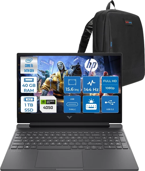 Hp Victus 15-WFA2023NT Intel Core I5 14450HX 40GB Ddr5 1tb SSD RTX4050 6gb 15.6" IPS Fhd (1920 x 1080) 144HZ 300NIT Freedos Taşınabilir Bilgisayar BY2K1EAF18 + Zetta Çanta ürün görseli 1