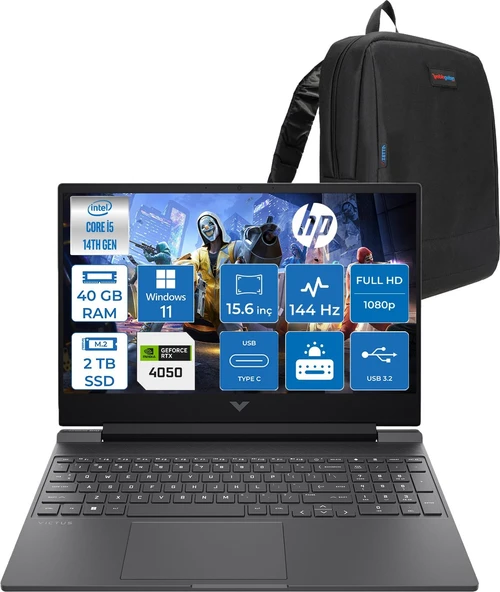 Hp Victus 15-WFA2023NT Intel Core I5 14450HX 40GB Ddr5 2tb SSD RTX4050 6gb 15.6" IPS Fhd (1920 x 1080) 144HZ 300NIT Windows 11 Pro Taşınabilir Bilgisayar BY2K1EAP19 + Zetta Çanta ürün görseli 1
