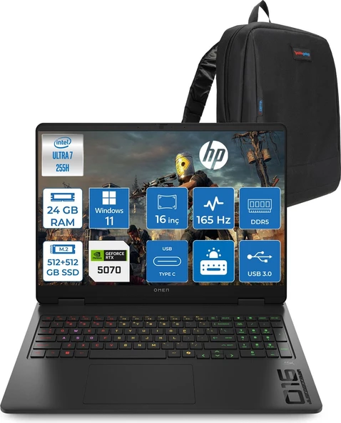 Hp Omen Gaming Intel® Core™ Ultra 7 255H Aı Ddr5 24GB 512GB SSD +512GB SSD 8GB/RTX5070 16" 2k (1920 x 1200) 165 Hz, 3 Ms 400 Nits 100% Srgb WINDOWS11PRO Gaming Laptop CD8M2EAP02+ZETTAÇANTA ürün görseli 1