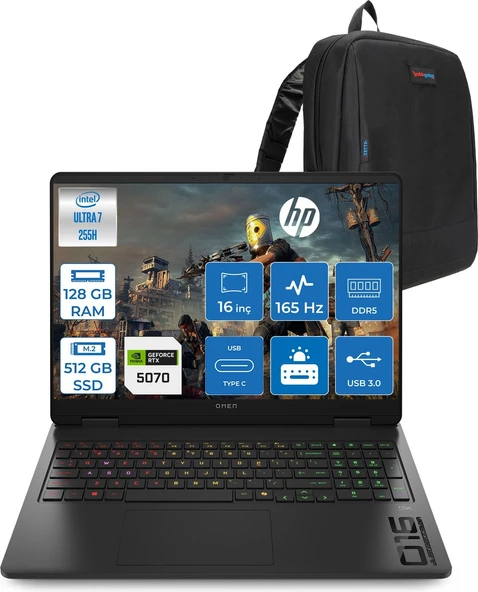 Hp Omen Gaming Intel® Core™ Ultra 7 255H Aı Ddr5 128GB 512GB SSD 8GB/RTX5070 16" 2k (1920 x 1200) 165 Hz, 3 Ms 400 Nits 100% Srgb Freedos Gaming Laptop CD8M2EAF49+ZETTAÇANTA ürün görseli 1