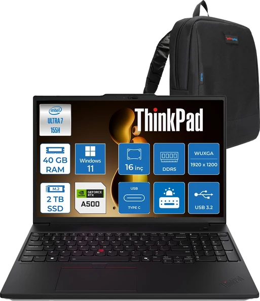 Lenovo Thinkpad P16S Gen 3 Ultra 7 155H 40GB Ddr5 2tb SSD 4GB/RTX500A 16" Wuxga (1920X1200) IPS 300NITS Windows 11 Pro Taşınabilir Iş Istasyonu P16S21KS0000TXP15 + Zettaçanta ürün görseli 1