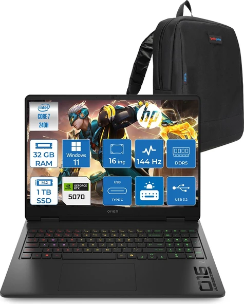 Hp Omen Gaming Intel® Core™ 7 240H Aı Ddr5 32GB 1tb SSD 8GB/RTX5070 16" 2k (1920 x 1200) 144 Hz 300 Nits IPS WINDOWS11HOME Gaming Laptop CD8M6EAH11+ZETTAÇANTA ürün görseli 1
