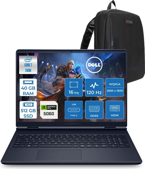 Dell Alienware 16 Aurora AC16250 Intel Core 7 240H 40GB Ddr5 512GB SSD Freedos 8gb RTX5060 16 Inç 2K(2560×1600) Wqxga 120Hz Wva Gaming Laptop AC16250C71615U56NF23 + Zetta Çanta ürün görseli 1