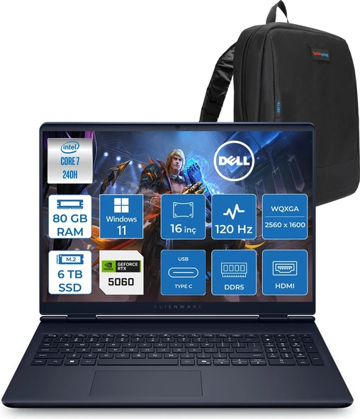 Dell Alienware 16 Aurora AC16250 Intel Core 7 240H 80GB Ddr5 6tb SSD Windows 11 Home 8gb RTX5060 16 Inç 2K(2560×1600) Wqxga 120Hz Wva Gaming Laptop AC16250C71615U56NH48 + Zetta Çanta ürün görseli 1
