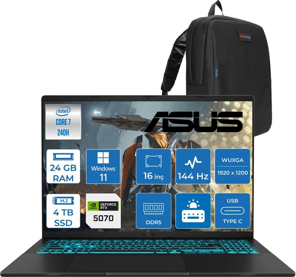 Asus Vivobook V16 2.nesil Core 7 240H Aı 24GB Ddr5 4tb SSD RTX5070/8GB 16.0-Inch, Wuxga (1920 x 1200) 300NITS 144Hz  WIN11HOME Gaming Bilgisayar WV3607VPH10+ZETTAÇANTA ürün görseli 1