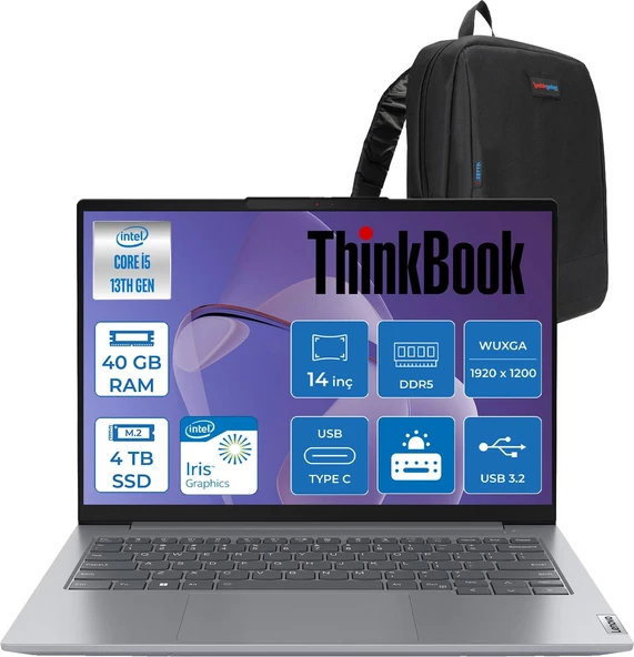 Lenovo Thinkbook 14 G6 Irl Intel Core I5 1335U 40GB Ddr5 4tb SSD Intel Iris Xe Graphics 14" Wuxga IPS 300NITS Windows 11 Home Taşınabilir Bilgisayar 21KG00Y5TRH16 + Zettaçanta ürün görseli 1