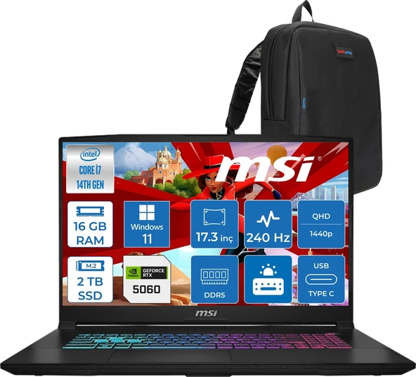 MSI Msı Katana 17 Hx Intel Core I7 14650HX 16GB Ddr5 2tb SSD Windows 11 Pro RTX5060 8gb Gddr7 115W 17 Inç 2k QHD(2560X1440) 240HZ Gaming Laptop B14WFK216XTRP04 + Zetta Çanta ürün görseli 1