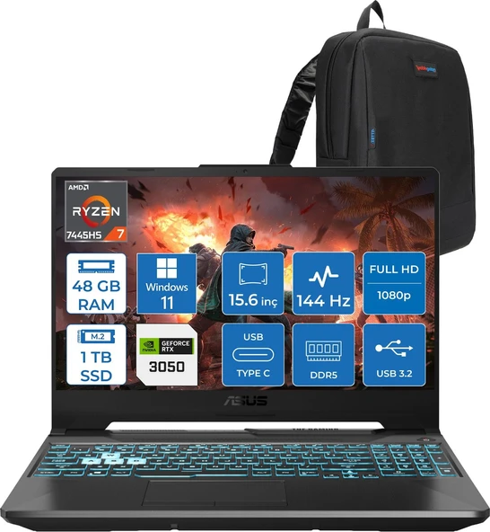Asus Tuf Gaming A15 – FA506NCG Amd Ryzen 7-7445HS 48GB Ddr5 1tb SSD Rtx 3050/4GB 75W 15.6 Inç Full Hd 144Hz Ips-Level WIN11PRO Gaming Bilgisayar HN206AF18+ZETTAÇANTA ürün görseli 1