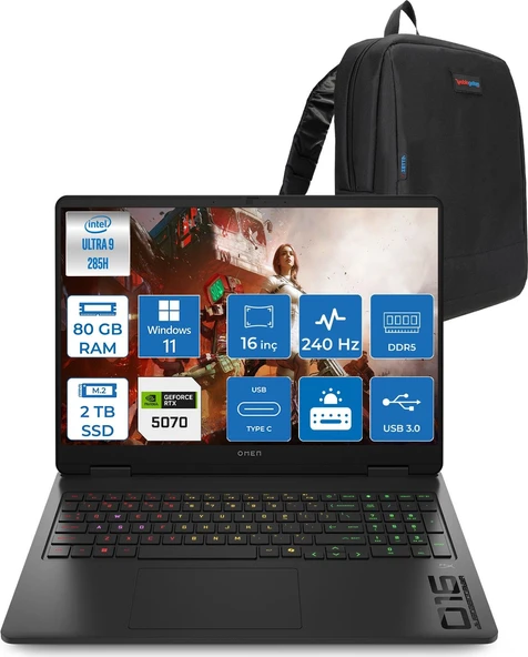 Hp Omen Slim Intel® Core Ultra 9 285H Aı Ddr5 80GB 2tb SSD 8GB/RTX5070 16" Wqxga (2560 x 1600) 240 Hz, 3 Ms 500 Nits IPS WINDOWS11PRO Gaming Laptop CD7J9EAP37+ZETTAÇANTA ürün görseli 1