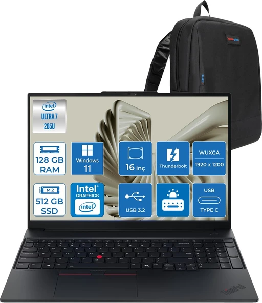 Lenovo Thinkpad E16 Gen 3 Intel Core Ultra 7 265U 128GB Ddr5 512GB SSD Windows 11 Pro Intel Aı Boost 16 Inç Wuxga (1920 x 1200) IPS 300NITS Taşınabilir Bilgisayar 21SR0076TXP42 + Zetta Çanta ürün görseli 1