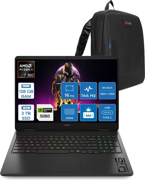 Hp Omen Amd Ryzen Aı 7 350 128GB Ddr5 2tb SSD 8GB/RTX5060 16" Wuxga 144Hz IPS 300NIT Windows 11 Home Taşınabilir Bilgisayar 16AP0010NTH28 + Zettaçanta ürün görseli 1