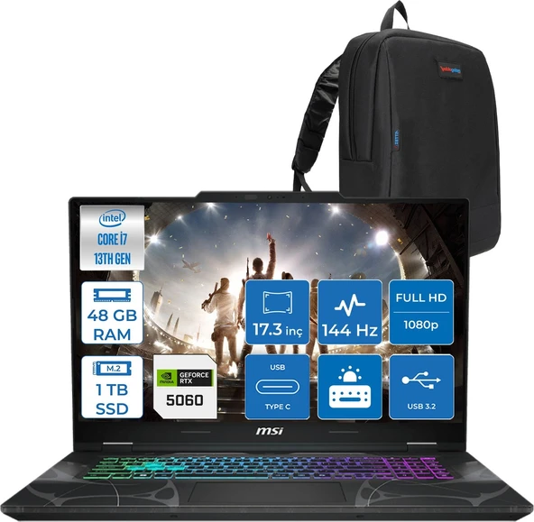 Msı Cyborg 17 Intel Core I7 13620H  48GB Ddr5 1tb SSD RTX5060 Gddr7 8gb Freedos 17.3" Fullhd (1920X1080) 144HZ IPS Taşınabilir Bilgisayar B13WFKG210XTRF23 + Zetta Çanta ürün görseli 1