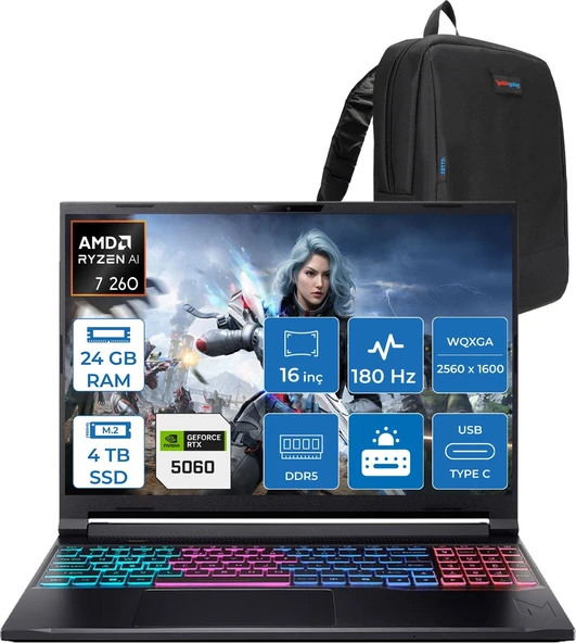Acer Nitro V 16S Aı Amd Ryzen™ 7 260 24GB Ddr5 4tb SSD 8GB/RTX5060 85W 16"qhd+ 2560X1600 180Hz IPS Freedos Gaming Bilgisayar. NHU03EY001F05+ZETTAÇANTA ürün görseli 1