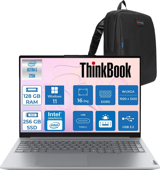 Lenovo Thinkbook 16 Gen 8 Ial Intel Core Ultra 5 225U 128GB Ddr5 256GB SSD Windows 11 Pro Intel Aı Boost 16 Inç Wuxga (1920 x 1200) IPS 300NITS Taşınabilir Bilgisayar 21SK007VTXP57 + Zetta Çanta ürün görseli 1