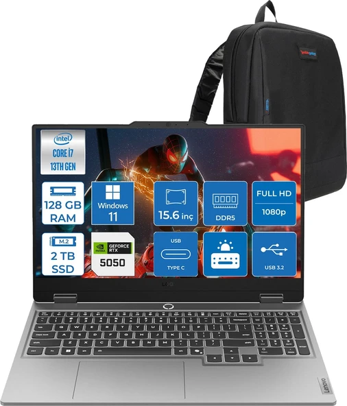 Lenovo Loq 15IRX10 Intel® Core I7-13700HX 128GB Ddr5 2tb SSD 15.6" 8GB/RTX5050 100W (1920X1080) IPS 300NITS 144Hz, G-Sync® WIN11HOME Gaming BILG.83JE00KMTRH34+ZETTAÇANTA ürün görseli 1