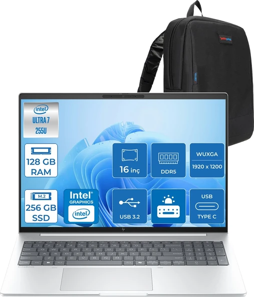 Hp Elitebook 8 G1I Intel® Core Ultra 7 255U 128GB Ddr5 256GB SSD 16" Wuxga (1920X1200) IPS 300NIT Freedos Taşınabilir Bilgisayar C9FG8ETF31+ZETTAÇANTA ürün görseli 1