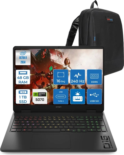 Hp Omen Slim Intel® Core Ultra 9 285H Aı Ddr5 48GB 1tb SSD 8GB/RTX5070 16" Wqxga (2560 x 1600) 240 Hz, 3 Ms 500 Nits IPS Freedos Gaming Laptop CD7J9EAF19+ZETTAÇANTA ürün görseli 1