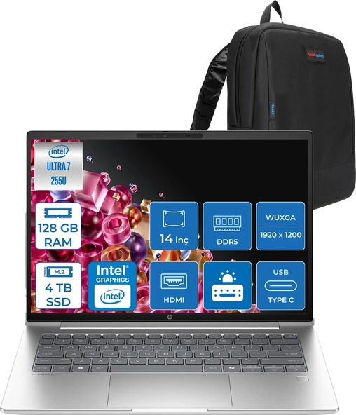 Hp Probook 4 G1I Intel® Core Ultra 7 255U 128GB Ddr5 4tb SSD 14" Wuxga (1920 x 1200), IPS 300 Nits  Freedos Taşınabilir Bilgisayar C9FH1ETF35+ZETTAÇANTA ürün görseli 1